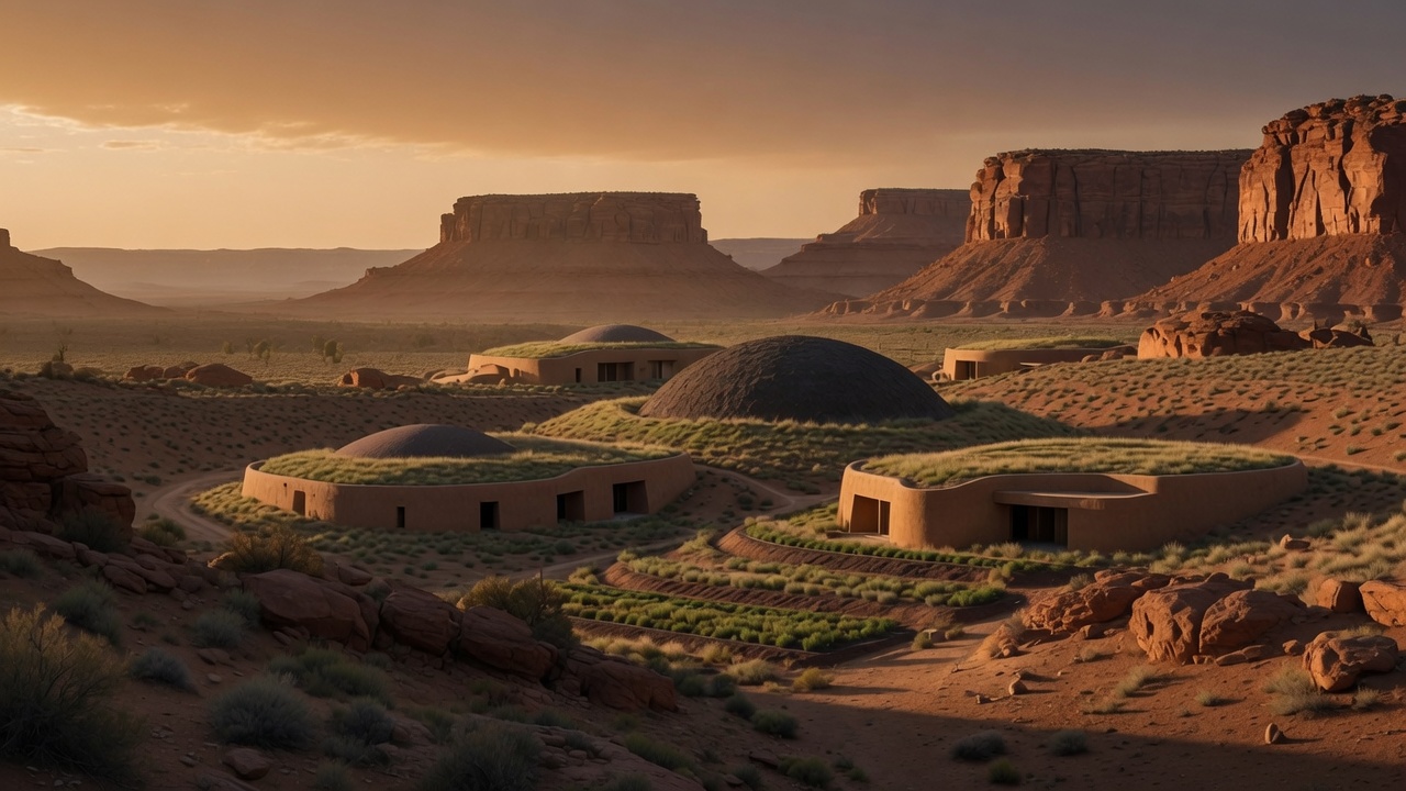 A high-desert research campus of earth-sheltered, green-roofed structures and a low dome set among red-rock mesas at golden hour.